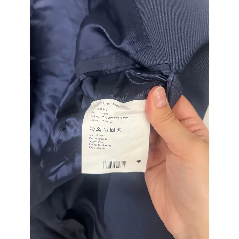 $995 New 2 PC Mens Suit Atelier munro sz38 us navy blue tuxedo satin lapel